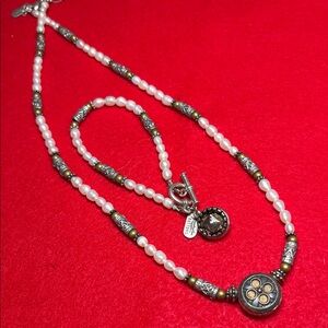 Delicate White Pearl Necklace and matching Bracelet with Antiqued Metal Accents